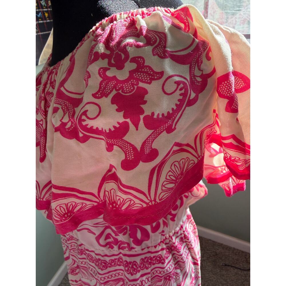 Flying Tomato Large Pink White Floral Print Off Shoulder Peasant Boho Mini Dress - Picture 8 of 8